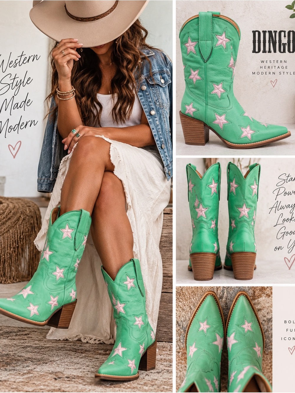 NWT Dingo Starburst DI2248 Mint Green White Star Leather Cowboy Boots Size 7M
